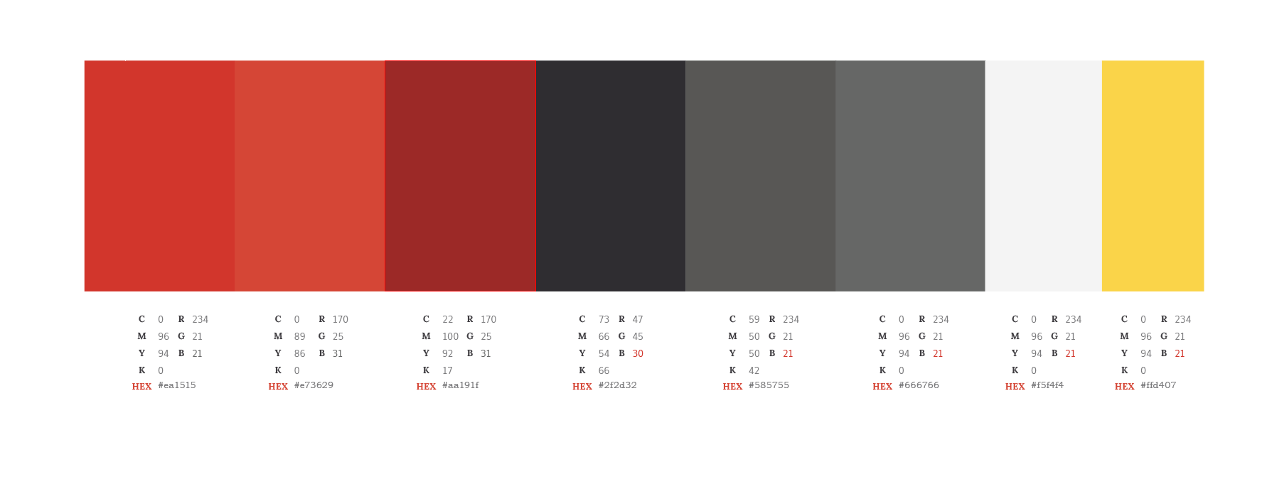 A Screenshot of the color palette ranging in the following order: red, dark, shades of grey, and yellow.
